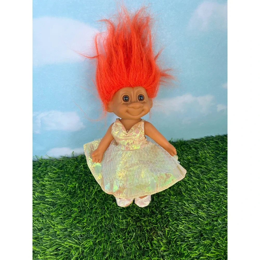 Vintage Russ Berrie Troll Doll Orange Hair Iridescent Gold Dress 5 Inch 90s